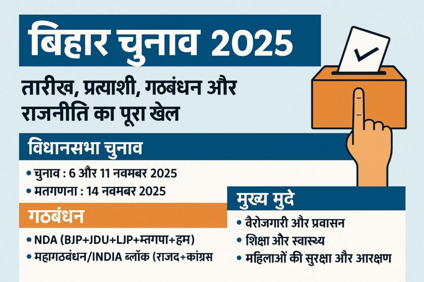 बिहार चुनाव 2025 की जानकारी वाला हिंदी इन्फोग्राफिक जिसमें चुनाव की तारीखें, गठबंधन और प्रमुख मुद्दे दर्शाए गए हैं।