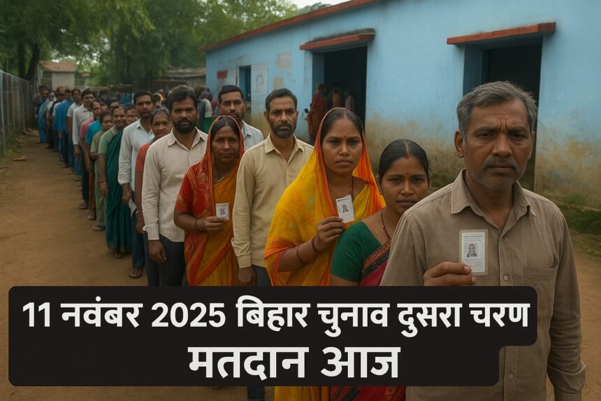 11 नवंबर 2025 बिहार चुनाव दूसरे चरण में मतदान केंद्र पर वोट डालने पहुंचे मतदाता