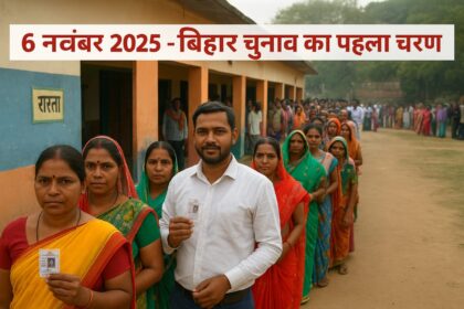 6 नवंबर 2025 बिहार चुनाव पहले चरण में वोट देने के लिए लाइन में खड़े मतदाता – ग्रामीण मतदान केंद्र पर लोग वोटर ID के साथ