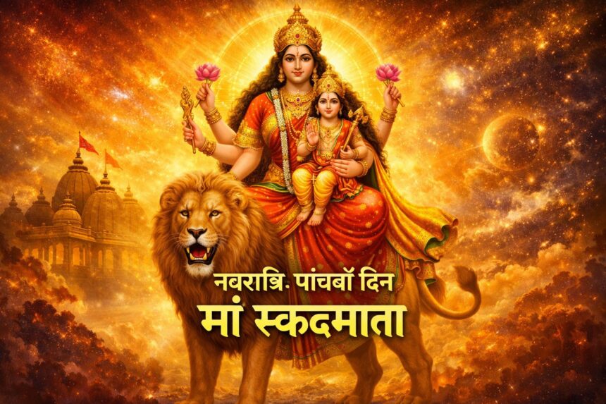 सिंह पर विराजमान मां स्कंदमाता गोद में भगवान कार्तिकेय के साथ नवरात्रि पाँचवें दिन की देवी