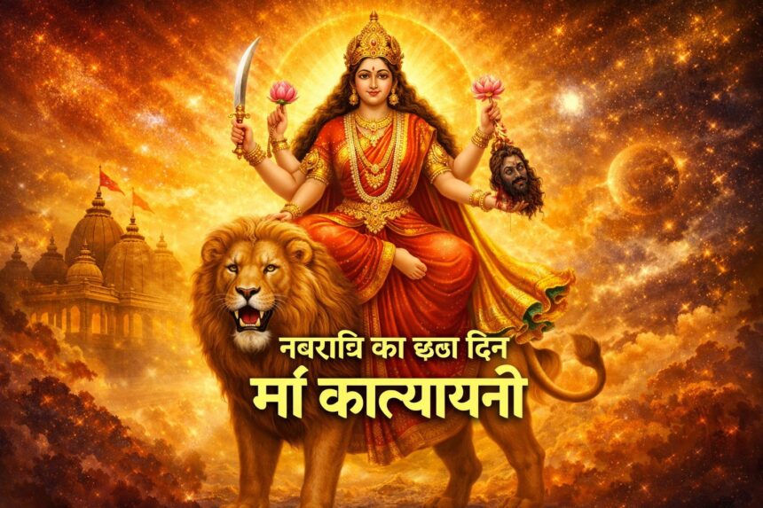 सिंह पर विराजमान मां कात्यायनी का दिव्य स्वरूप नवरात्रि के छठे दिन की देवी