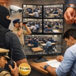 राजस्थान SI परीक्षा 2026 में SOG और पुलिस द्वारा निगरानी, परीक्षा हॉल में छात्र और CCTV मॉनिटरिंग का दृश्य