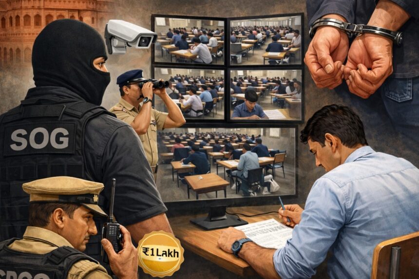 राजस्थान SI परीक्षा 2026 में SOG और पुलिस द्वारा निगरानी, परीक्षा हॉल में छात्र और CCTV मॉनिटरिंग का दृश्य