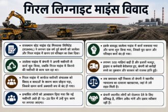 गिरल लिग्नाइट माइंस विवाद से जुड़ी इन्फोग्राफिक इमेज जिसमें खनन कार्य, आंदोलन और कंपनी पक्ष दिखाया गया है