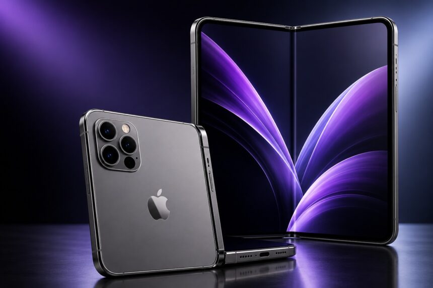 Apple Foldable iPhone 2026 concept with book-style folding display, dual screens, premium design and expected launch features.