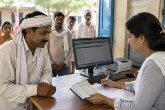 PM Jan Dhan Yojana के तहत बैंक खाता खोलता ग्रामीण व्यक्ति