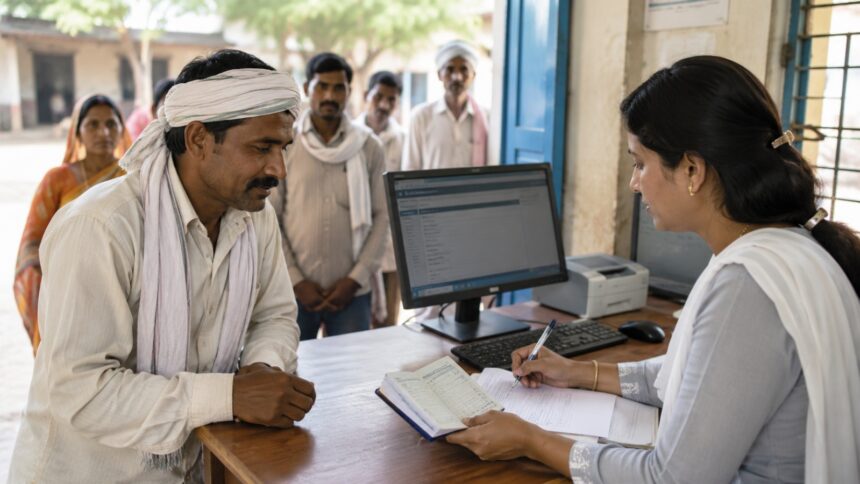 PM Jan Dhan Yojana के तहत बैंक खाता खोलता ग्रामीण व्यक्ति